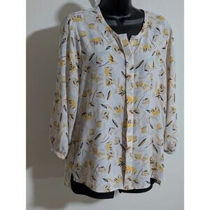 C&E Lifestyle Off-white Floral 3/4 Sleeve Blouse Button Down Top Medium
